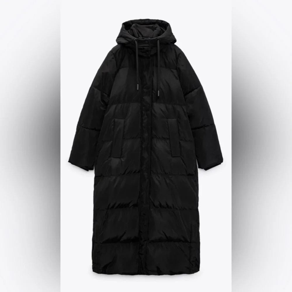 Zara Women's Black Long Down Hooded Puffer Coat - Water/Wind Res - Size: M - Picture 3 of 14